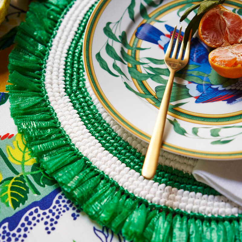 Green and white fringe placemat