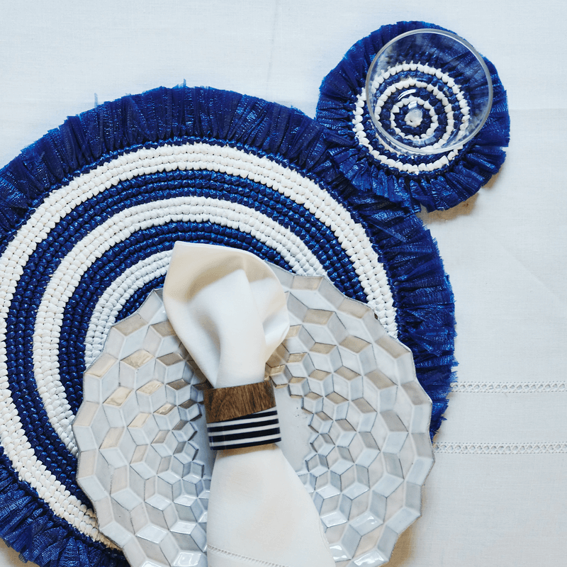 Navy and white fringe placemat