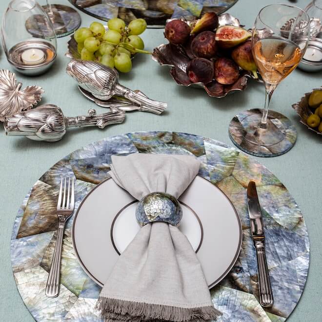 Stripes and solids lacquer placemat white turquoise